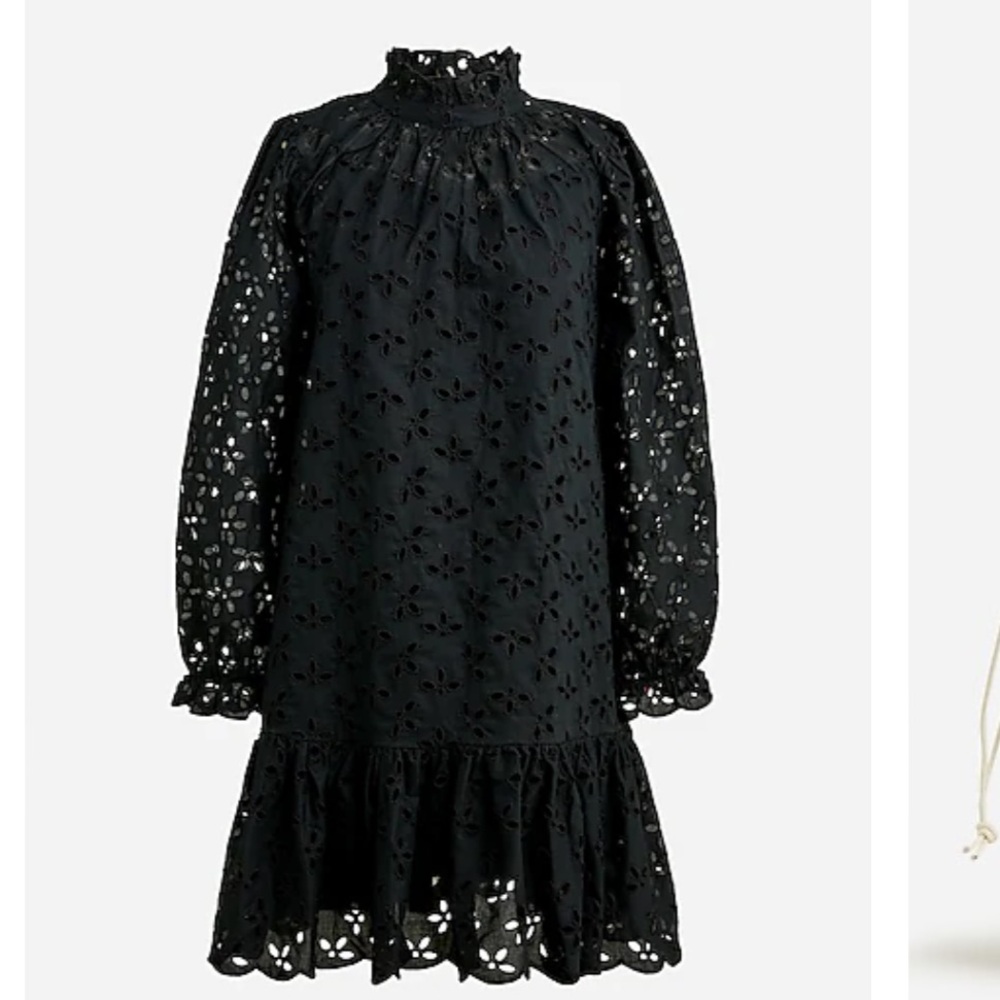 Tall large j crew ruffle trim long sleeve dress in black eyelet
